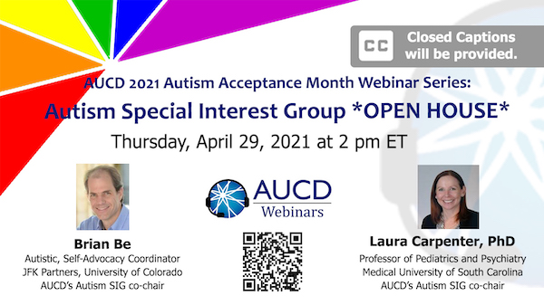 Flyer of Autism Special Interest Group. Rainbow triangles on the top left corner. Picture of co-chair Brian Be on the bottom left and co-chair Laura Carpenter on the bottom right. 